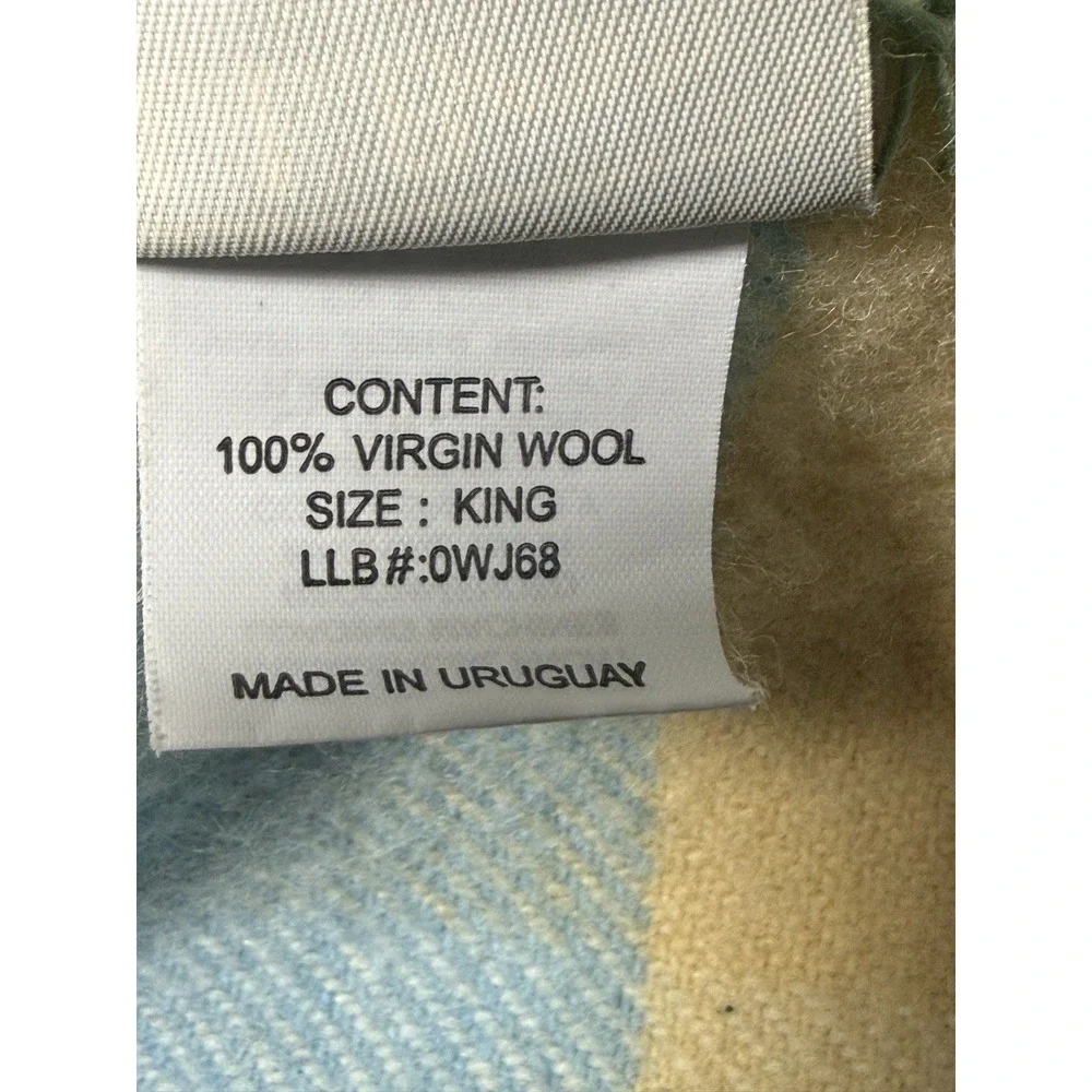 LL Bean Wool Blanket King Plaid Check Whipstitch Hem Blue Green Cream Lodge Camp